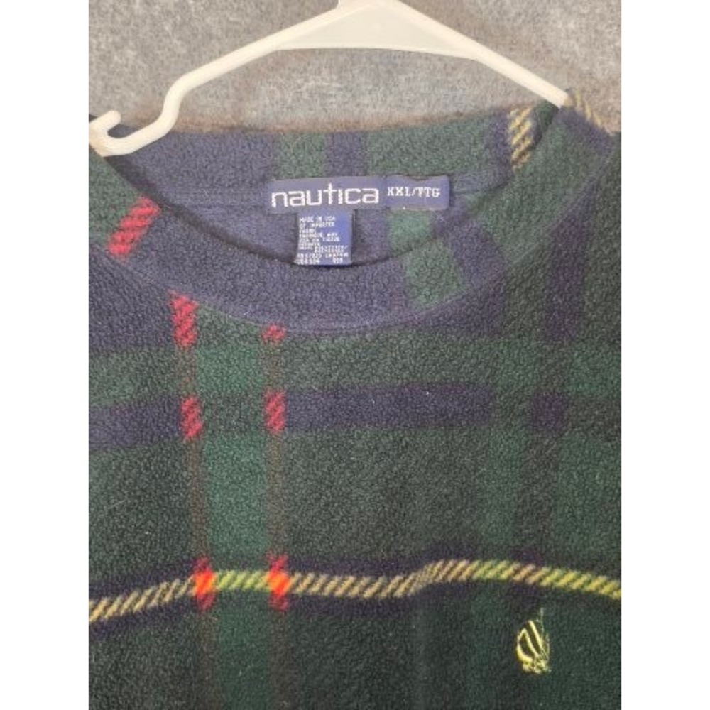 VTG Nautica Plaid Fleece Pullover Sweatshirt XXL Mens Green Navy Red Yellow Logo - Picture 7 of 9